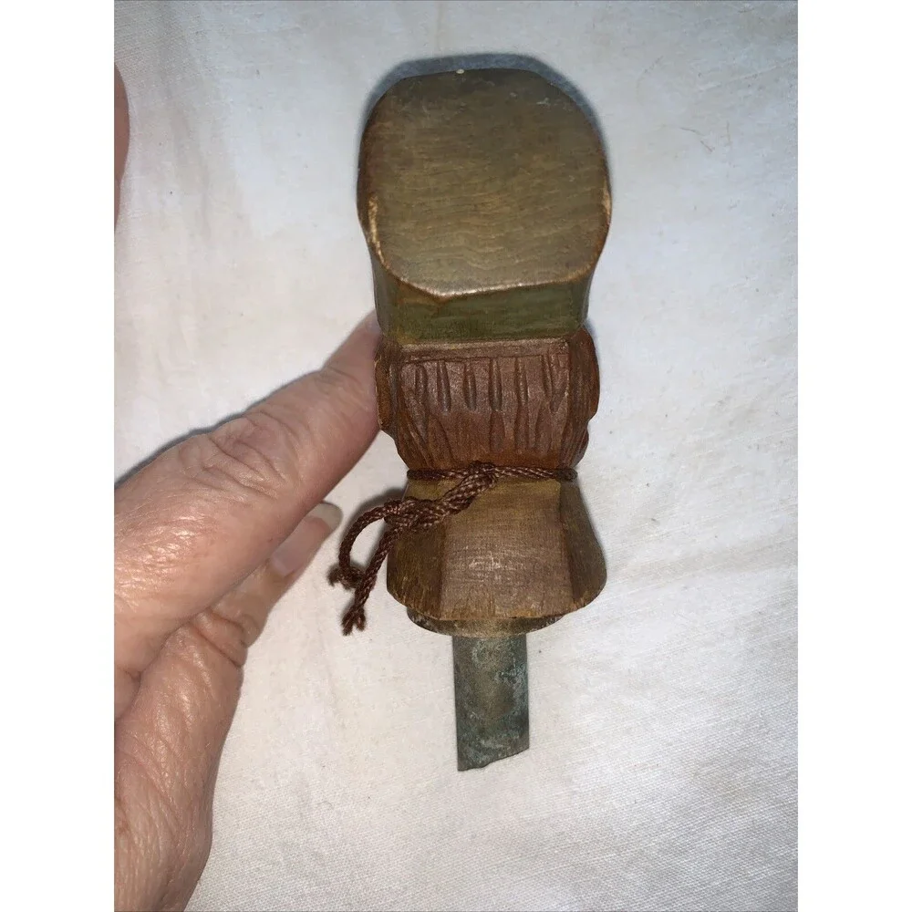 Vintage Hand Carved Folk Art Wine Bottle Stopper Metal Spout Wooden Man Barware